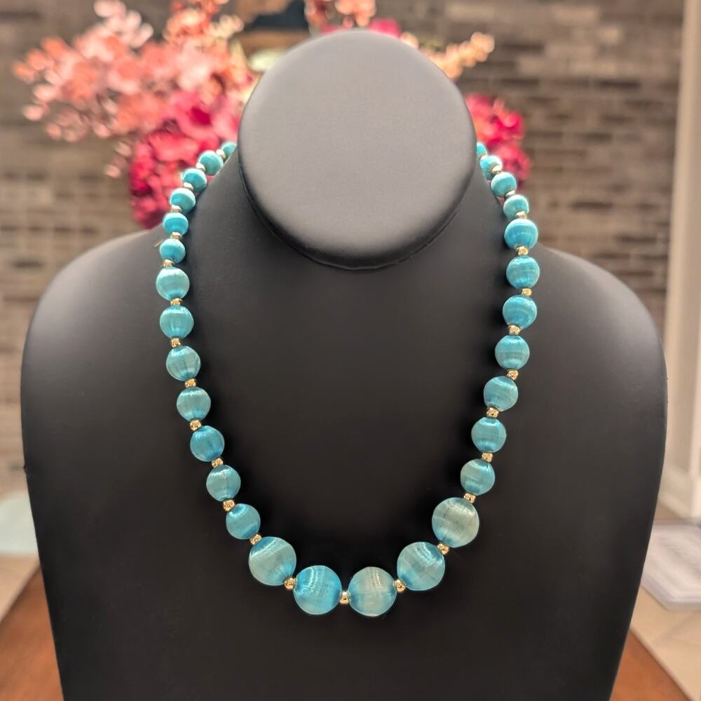 Vintage Thread Wrapped Beaded Necklace Light Bright Blue / Turquoise Tone